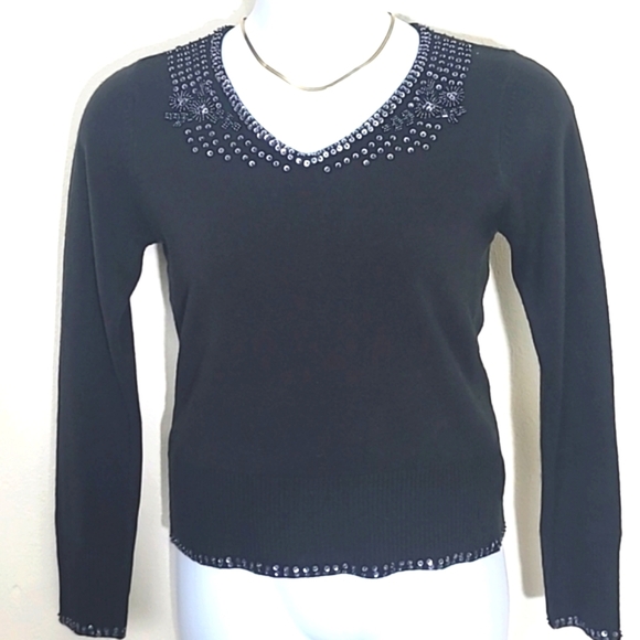 Worthington sweater black sequin trim Stretch medium - Picture 2 of 5